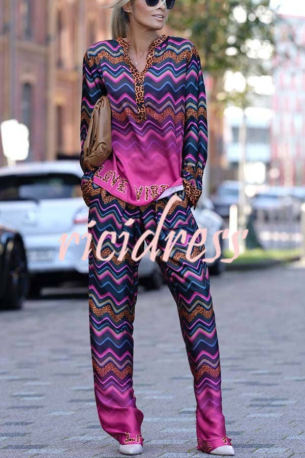 Coreen Leopard Colorful Wave Print Long Sleeve Shirt and Elastic Waist Pocket Pants Set