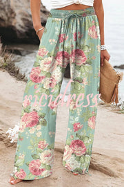 Colorful Printed Elastic Waist Drawstring Pocket Casual Pants