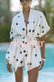 Playful Linen Blend Polka Dot Tie-up Kimono Top and Elastic Waist Pocket Shorts Set