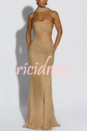 Paula Sequined Mesh and Jersey Off Shoulder Ruched Knot Drape Shawl Maxi Dress