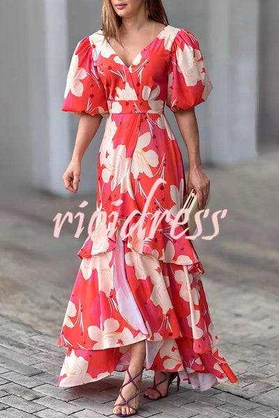 Fashionable Elegant V Neck Printed Layered Dress