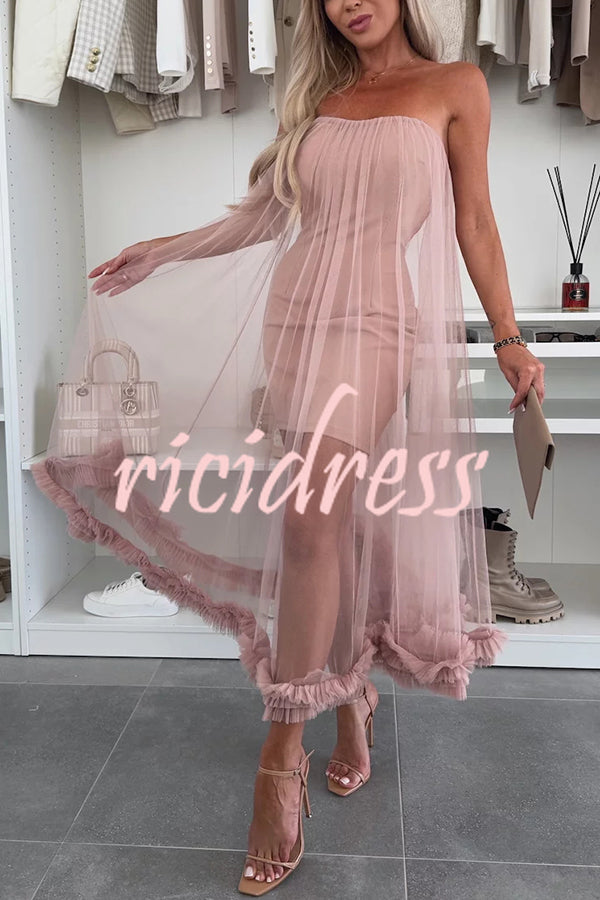 Fairytale Charm Tulle Off Shoulder Ruffles Trim A-line Midi Dress