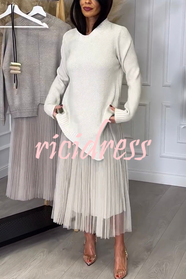 Jensine Ribbed Knit Irregular Loose Sweater and Pleated Tulle Tank Midi Dress Two-piece Set