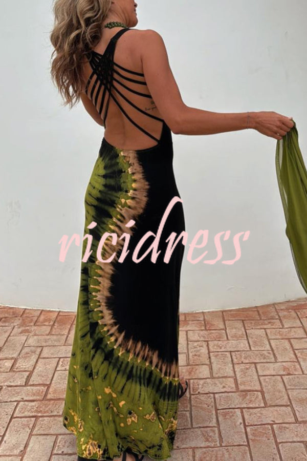 Summer Adventures Tie-dye Print Back Lace-up Stretch Maxi Dress