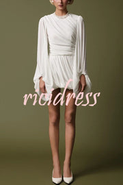 Solid Color Round Neck Lantern Long Sleeve Pleated Casual Mini Dress