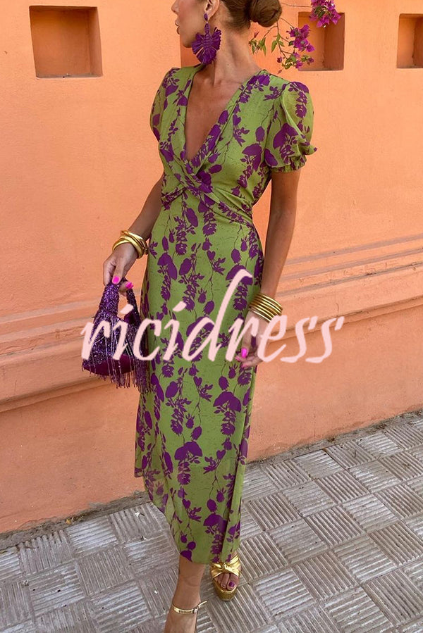 Botanical Print V-neck Puff Sleeve Tie Waist Midi Dress