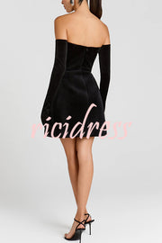 Ines Luxurious Velvet Jewel-encrusted Sweetheart Off Shoulder Neck Tulip Stretch Mini Dress