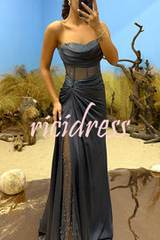 Essie Satin Rhinestone Patchwork Twist Waist Strapless Slit Maxi Dress
