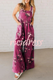 Fashion Floral Print Casual Button Pocket Loose Denim Overalls