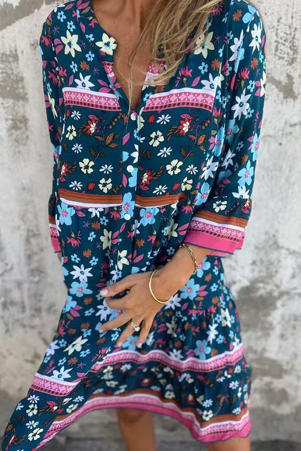 Ethnic Floral Print V-neck Loose Pocket Mini Dress