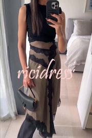 Verve Ribbed Jersey Cutout Waist Asymmetric Satin Lace Hem Maxi Dress
