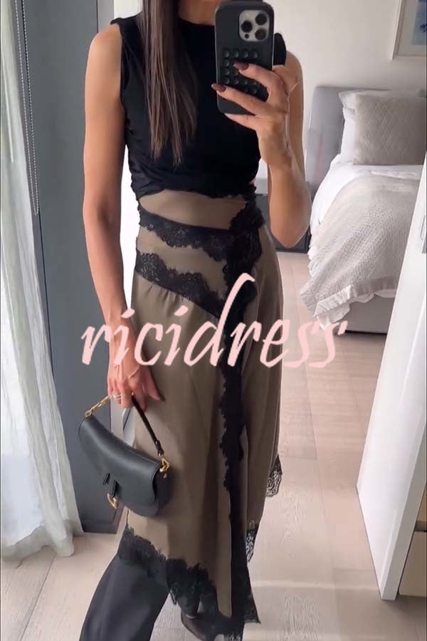 Verve Ribbed Jersey Cutout Waist Asymmetric Satin Lace Hem Maxi Dress