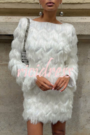 Swaying in The Wind Layered Tassels Wide Neck Long Sleeve H-line Mini Dress