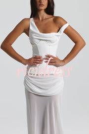 Sculptural Elegance One Shoulder Removable Corset Drape Maxi Dress