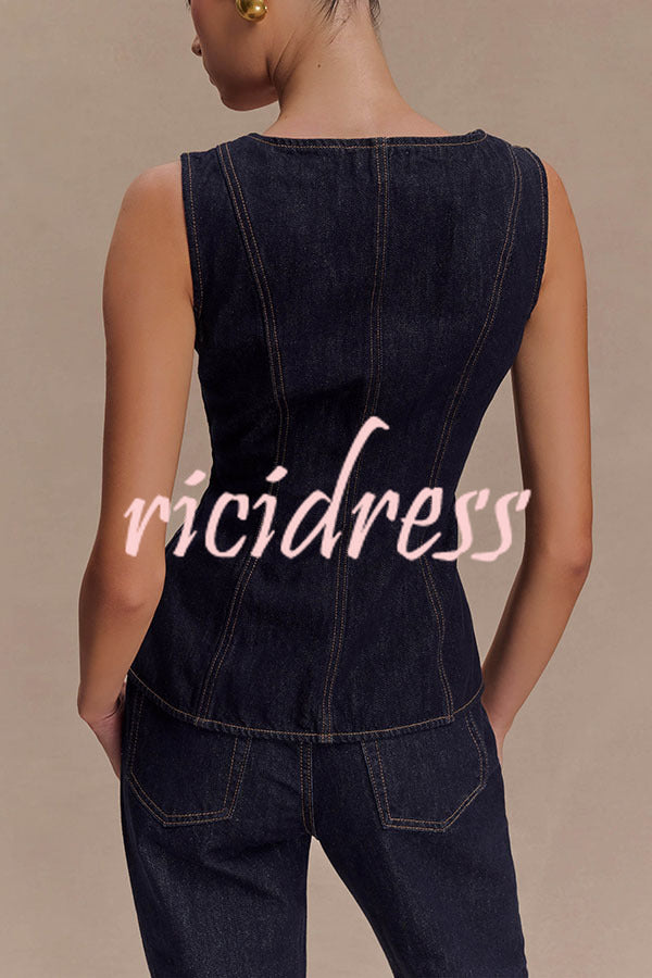 Stassi Denim Square Neck Unique Button Up Princess Seams Vest Top