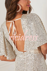 Trophy Wife Sequin Bell Sleeve Flare Stretch Jumpsuit