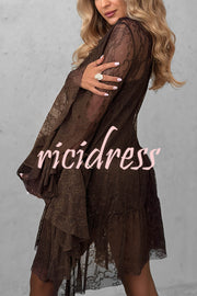 Feeling Lighthearted Lace Ruffle Neck Bell Sleeve Layered Hem A-line Mini Dress