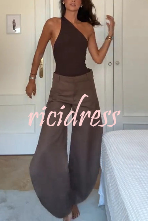 Fashion Slim-fit One-shoulder Stretch Bodysuit and Casual Side-slit Pants Set