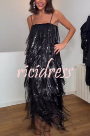 Chic Celebration Layered Sequined Tassels Slip Strapless H-line Midi Dress