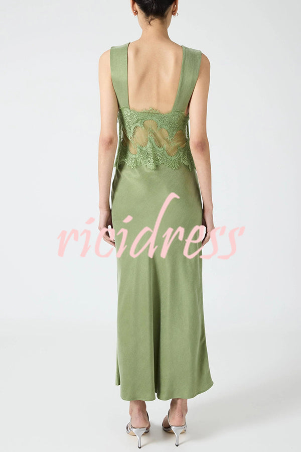 Wonderful Fusion Satin Lace Trim See-through Waist V-neck Drape Maxi Dress