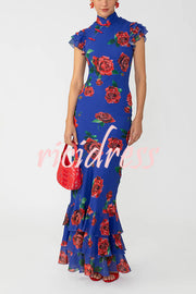 Cheongsam Style Rose Print Layered Trumpet Sleeves Stand Collar Maxi Dress