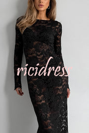 Sexy Openwork Lace Long-sleeved Slim-fit Fishtail Maxi Dress