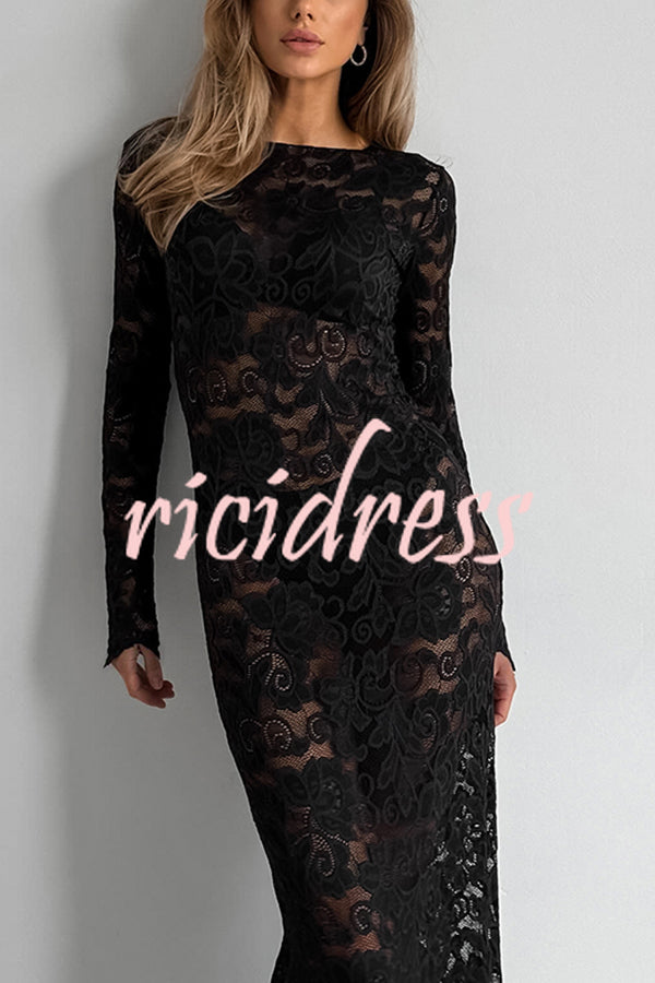 Sexy Openwork Lace Long-sleeved Slim-fit Fishtail Maxi Dress