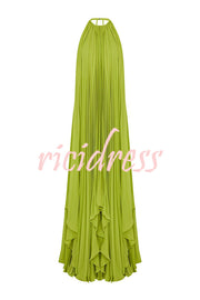 Sexy Backless Tie and Elastic Waist High Slit Pleated Maxi Skirt Set