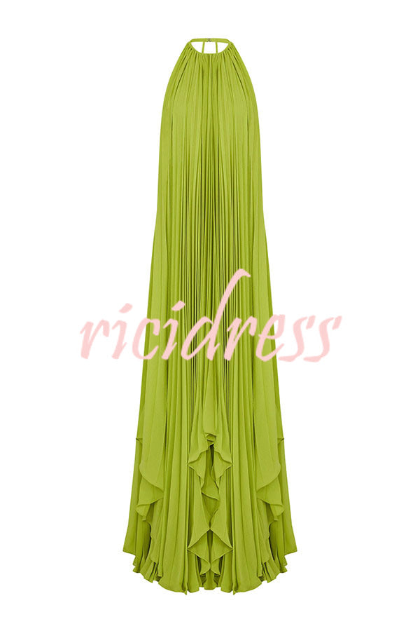 Sexy Backless Tie and Elastic Waist High Slit Pleated Maxi Skirt Set