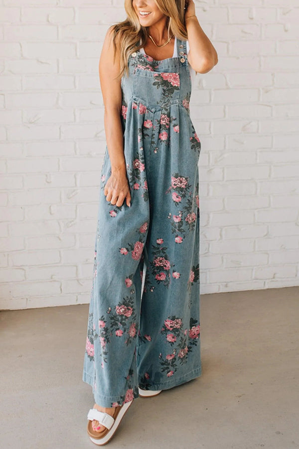 Fashion Floral Print Casual Button Pocket Loose Denim Overalls