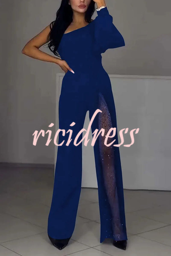 Fashionable Oblique Shoulder One-sleeve Sexy High Slit Slim Jumpsuit