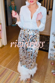 Playful Sparkling Large Sequin Faux Fur Tassel Hem Elastic Waist Maxi Skirt