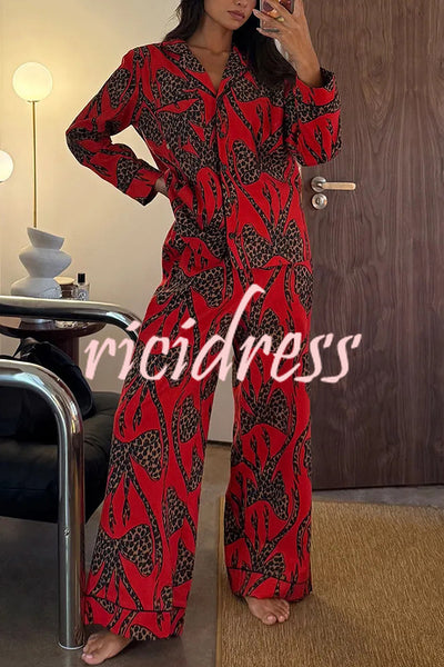 Stylish Colorblock Leopard Print Loose Shirt and Elastic Waist Pocketed Pajama Set