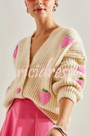 Stylish and Sweet V-neck Strawberry Embellished Knitted Cardigan