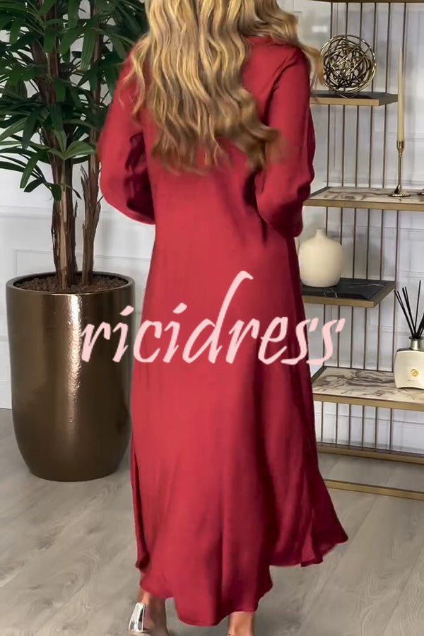 Solid Color V-neck Long-sleeved Loose Draped Maxi Dress