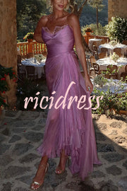 Julie Tulle Lace Trim Off Shoulder Ruched Back Lace-up Drape Slit Maxi Dress