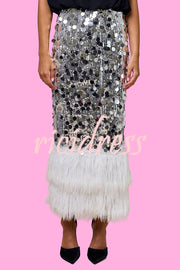 Playful Sparkling Large Sequin Faux Fur Tassel Hem Elastic Waist Maxi Skirt