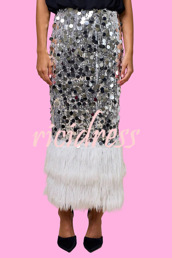 Playful Sparkling Large Sequin Faux Fur Tassel Hem Elastic Waist Maxi Skirt