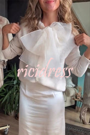 Orozco Knit Organza Bow Button-down Long Sleeve Loose Cardigan