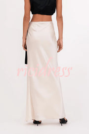 Black and White Classic Satin High Neck Crop Top and Wrap Tie-up Slit Maxi Skirt Set