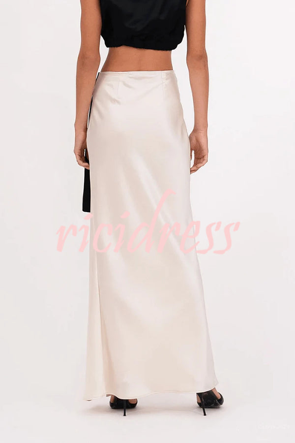 Black and White Classic Satin High Neck Crop Top and Wrap Tie-up Slit Maxi Skirt Set