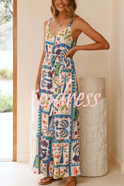 Unique Beach Vacation Print V-neck Suspenders Casual Wide-leg Jumpsuit