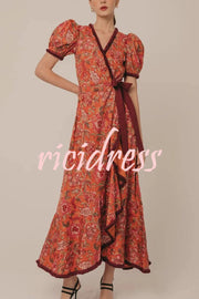 Bohemian Floral Print Elegant Puff Sleeve Holiday Maxi Dress