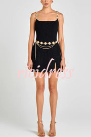 Timeless Exquisite Tweed Fabric Metal Coin Chain Detail Slip Mini Dress
