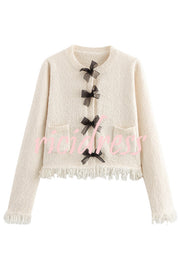 Fashion Round Neck Long Sleeve Bow-decorated Pocket Knitted Jacket