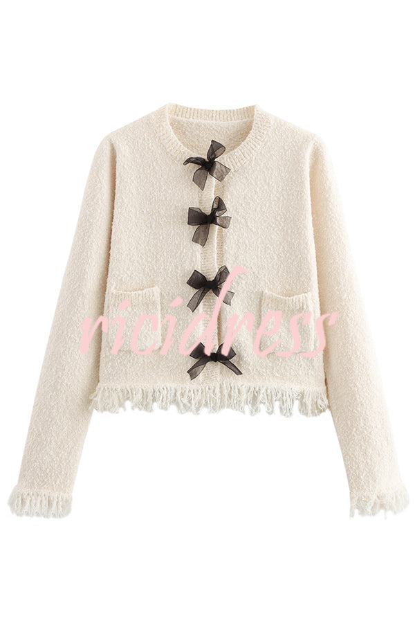 Fashion Round Neck Long Sleeve Bow-decorated Pocket Knitted Jacket