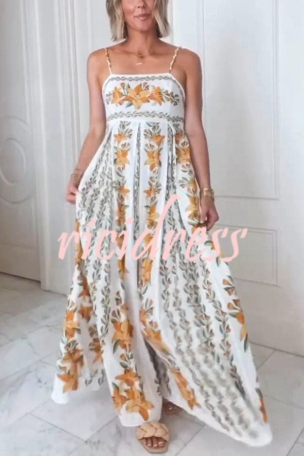 Summer Dreamer Linen Blend Unique Print Beaded Straps Pocketed Maxi Dress