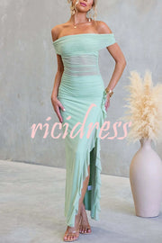Sexy Mesh Off-shoulder Slim Fit Ruffled Slit Maxi Dress