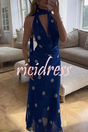Fashion Polka Dot Print Sexy Halter Neck Backless Maxi Dress
