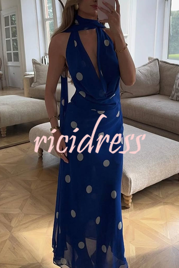 Fashion Polka Dot Print Sexy Halter Neck Backless Maxi Dress